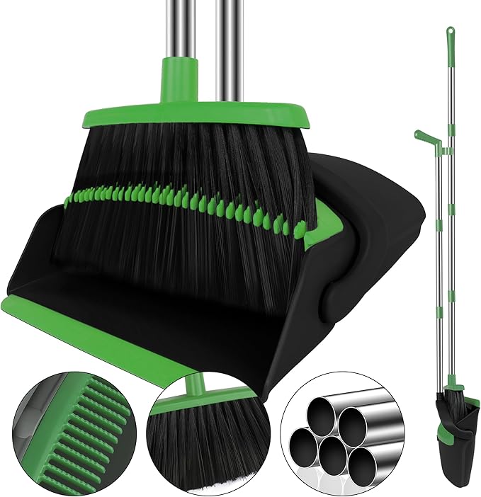 Green Broom with Dustpan Combo Set, 51" Long Handle Household Kit for Home for Pet Hair