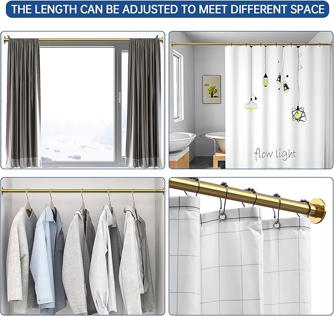 BRIOFOX Industrial Shower Curtain Rod - Rustproof Non-Slip 43-72 Inches Tension Curtain Rod for Window or Bathroom, Sunglow Gold