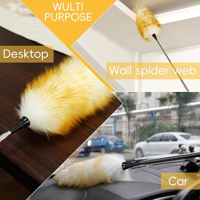 Lambswool Extendable Mini Duster 14-34 Inch Stainless Steel Extension Telescoping Pole Wool Dusters for Cleaning Ceiling Fans Window Blinds Car Interiors Furniture Dusting