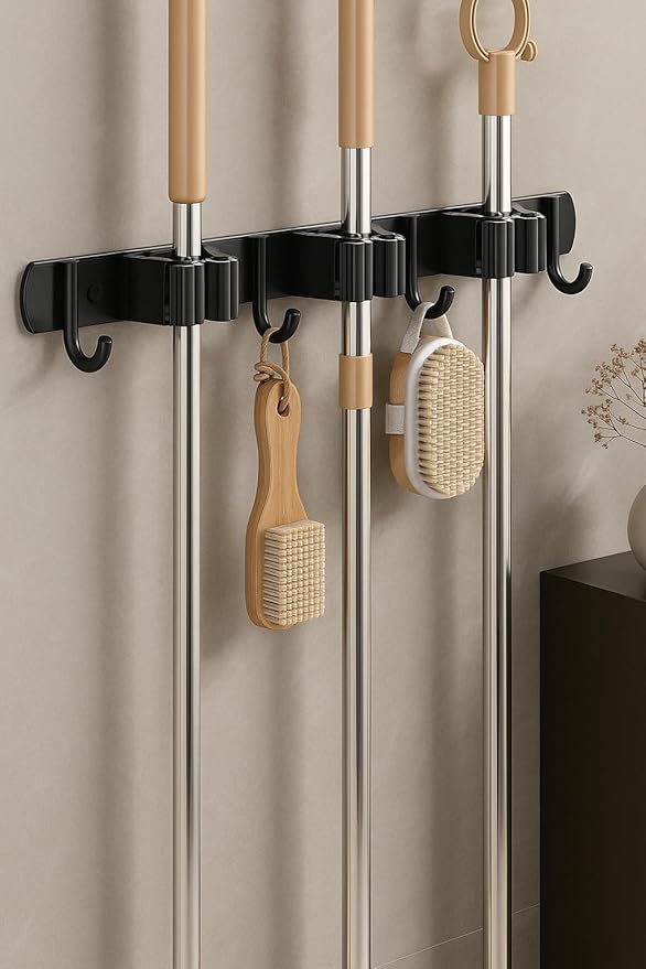 Wall Mount Mop and Broom Holder – Heavy Duty SUS304 Stainless Steel Organizer with 4 Hooks & 3 Clips – Space Saving Storage Rack for Kitchen, Bathroom, Garage, Laundry Room