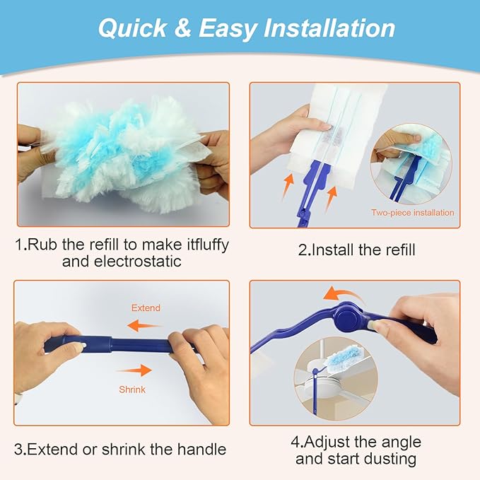 50 Count Duster Refills Kit for Swiffe Duster, One-Sided Electrostatic Duster with 2 Handles, Heavy Duty Dusters Refills Replacement for Cleaning Home, Blinds, Fans, Corners