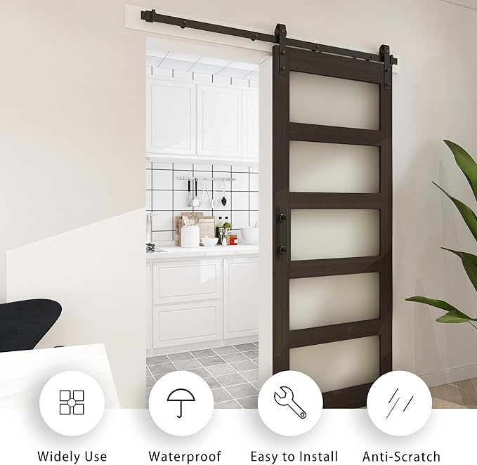 BARNSMITH 30in x 84in Glass Barn Door with 5FT Sliding Door Hardware Kit Included & Handle,5-Panel Frosted Glass Solid Wood Slab with Water-Proof PVC Surface,Pre-Drilled Easy Assembly,Brown