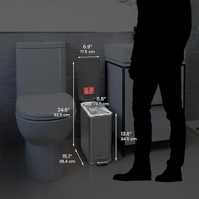 iTouchless 3 Gallon Slim Bathroom Trash Can with Lid, Odor Filter, Soft-Step Stainless Steel Pedal Bin for Narrow Spaces, Fingerprint-Proof Wastebasket for Home Office Modern Tech Decor, Gunmetal Gray