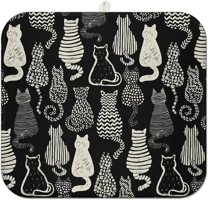 Cat Dish Drying Mat for Kitchen Countertops, Black Farmhouse Style Microfiber Drying Mat, Washable and Absorbent Kitchen Countertop Dish Drainer, 16x18 Inch