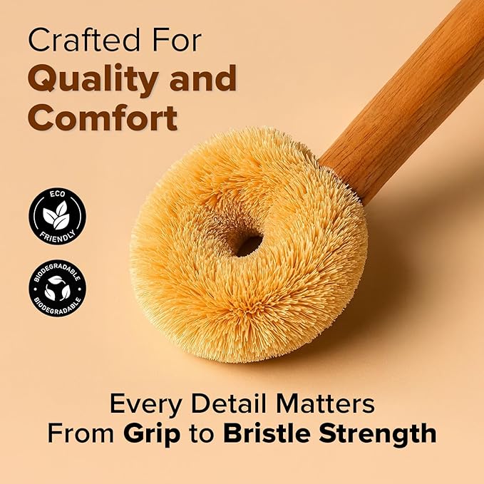 Coconut Fiber Dish Brush with Handle – Natural Dish Scrubber Brush for Kitchen Sink & Pots – Eco-Friendly Dish Cleaning Brush with Built-in Scraper, Sink Scrubber, and pan Cleaning Brush