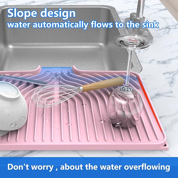 Dish Drying Matt for Kitchen Counter,10"14"18"20"Silicone Dry Rack Mat with Built in Drain, Kitchen Dry Mats for Dishes Drying Pad for Counter(18"×12"Pink)
