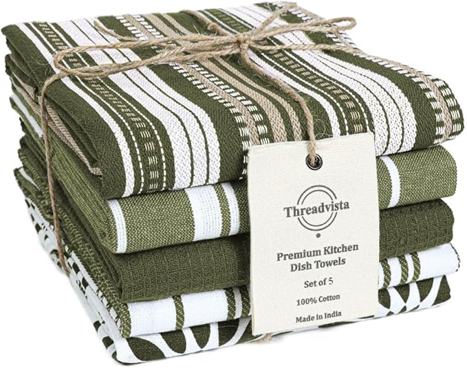 Assorted Kitchen Towels 16x26 Inch 100% Cotton Set of 5 - Dish Cloths Towels with Hanging Loop - Soft Absorbent Washable Tea Towel for Kitchen - Quick Drying Dish Towel Green