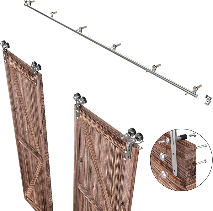 TSMST 14FT Sliding Barn Door Hardware Kit, Top Mount Stainless Steel Heavy Duty Sturdy Barn Door Track for Double Wood Door, Slide Smoothly Quietly (Y Style)