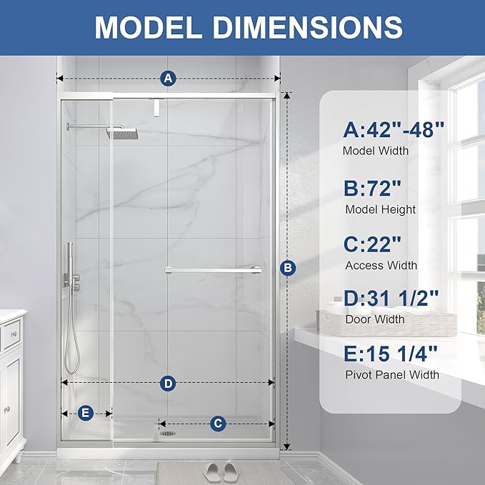 Semi Frameless Pivot Shower Door 42-48" W x 72" H, Swing Shower Glass Doors with Nano Explosion-Proof Film Tempered Glass 1/4"(6mm) Reversible Installtion, Brushed Nickel Finish