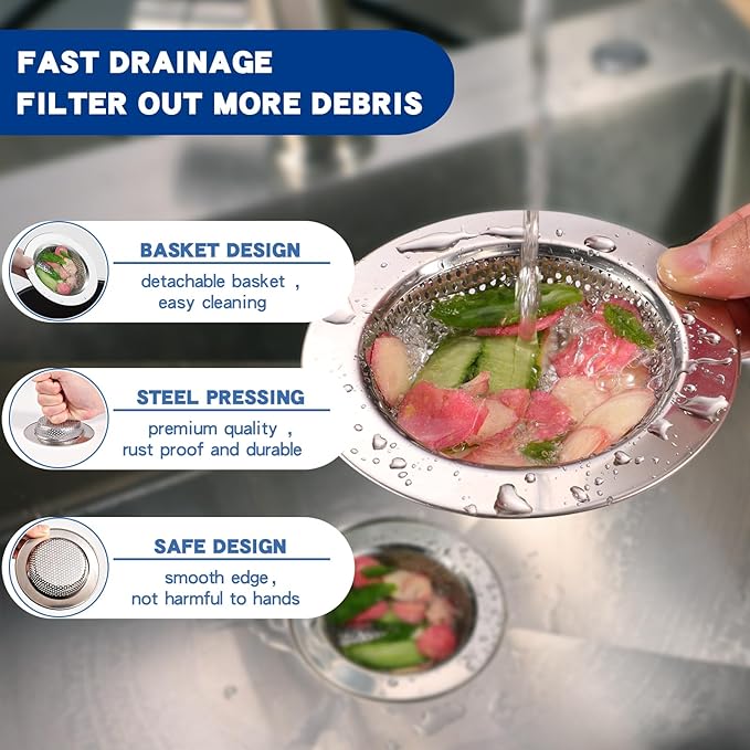 RQYEKDO Kitchen Sink Strainer Stainless Steel with Fine Mesh4.4 inch Wide Rim Drain Strainer | Fits Standard Sinks & GarbageDisposals(Silver)