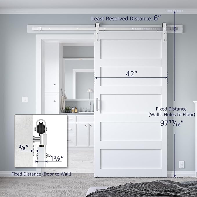 42in x 96in White Sliding Barn Door with 7ft Brushed Nickel Barn Door Hardware Kit & Handle, 5-Panel, Pre-Drilled Holes Easy Assembly, Water-Proof PVC Surface