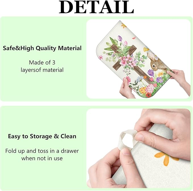 Easter Dish Drying Mat for Kitchen Counter,Cute Bunny Spring Florals Microfiber Drying Mat,Washable Absorbent Kitchen Countertop Dish Mat Drain Pad 16×18 Inch