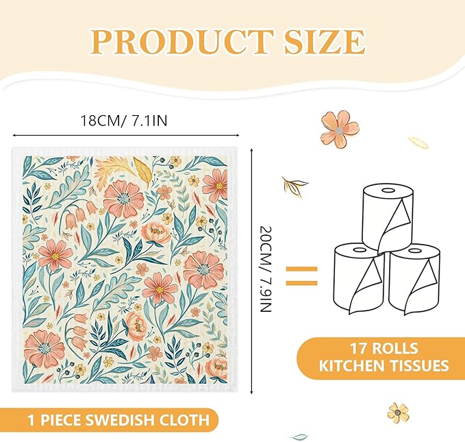 5 Pack Mixed Vintage Floral Swedish Kitchen Dishcloths Dish Towel, Dish Towels for Kitchen, Swedish Dishcloth Colorful Flower, Paper Towels Reusable, Dish Cloth Towel Cleaning Wipe for Home