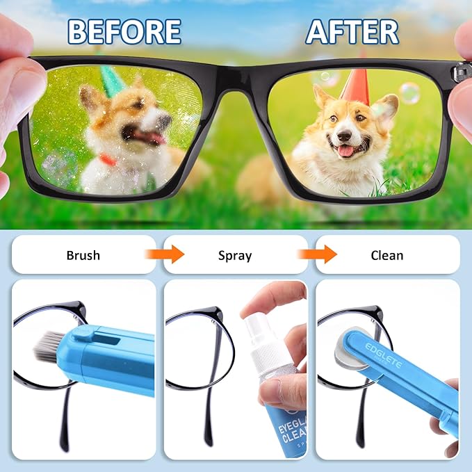 Glasses Cleaner Eyeglass Cleaning Kit, Lens Cleaners Spray with Microfiber Cloth, Portable Glasses Cleaning Kit for Travel, Safe Eyeglasses Cleaner Tool, No Streaks Scratch, SkyBlue