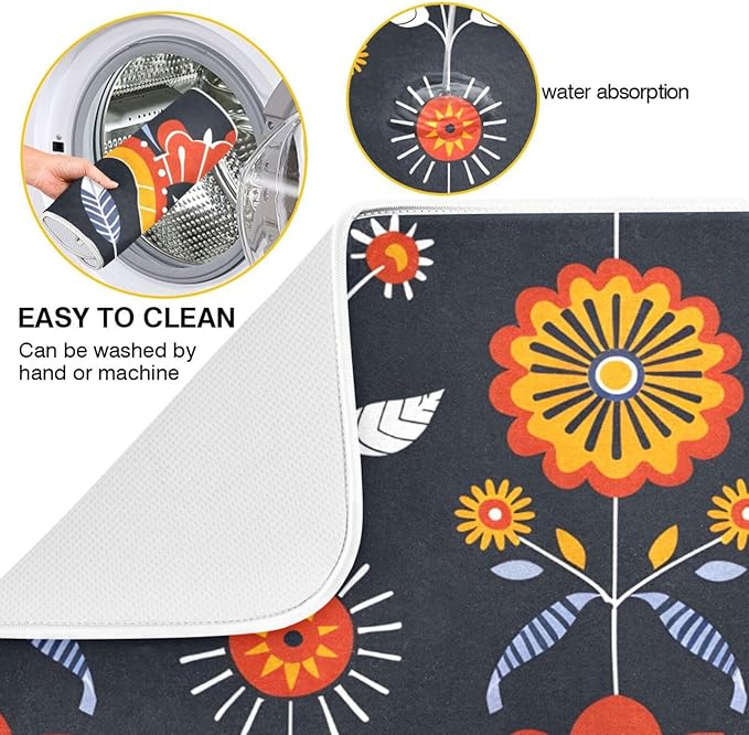 Floral Pattern Traditional Folk Art Dish Drying Mat for Kitchen Counter Absorbent Microfiber Drying Pad, Medium 16x18 in, Reversible Drainer Mats