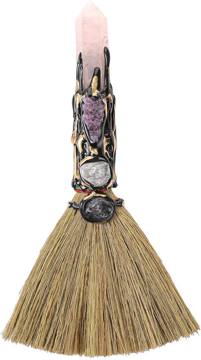 Rose Quartz Witch Broom - Witchcraft Supplies Mini Witches Broomstick with Amethyst Clusters Altar Supplies with Natural Healing Crystals Wiccan Supplies Prayers Meditation Therapy Decor