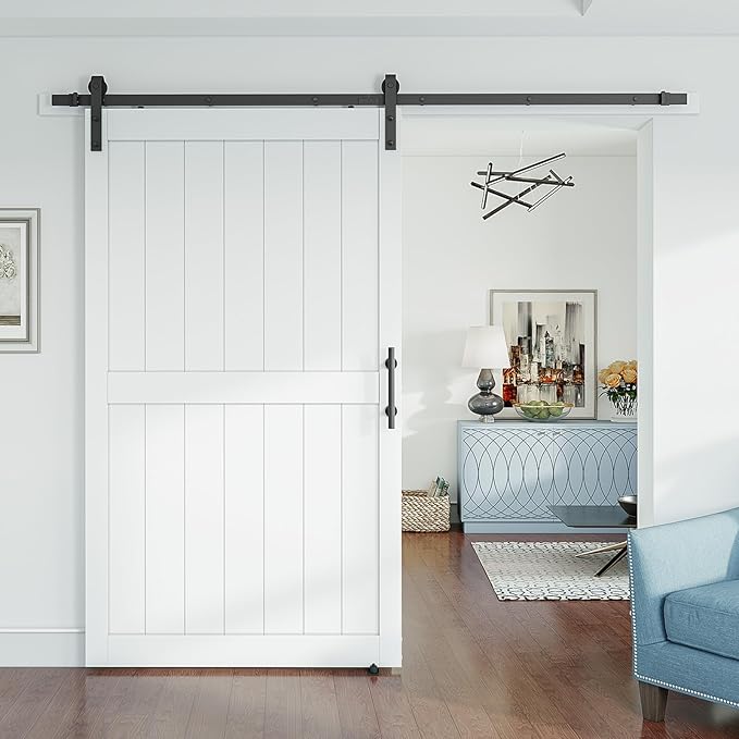 SmartStandard 48 x 80 inch White Sliding MDF Barn Door with 8FT Black Sliding Door Hardware Kit & Handle, Pre-Drilled Ready to Assemble, Waterproof PVC Coating, H-Frame