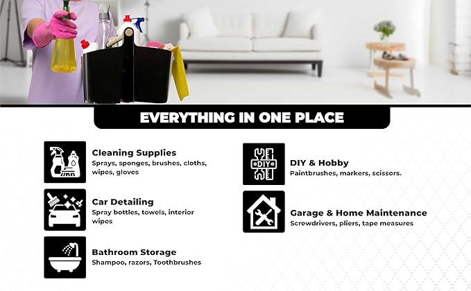 Cleaning Caddy Organizer With Handle – Wearable Bag For Supplies, Multiple Compartments For Storage – Portable Shower & Bathroom Caddy, Ideal For Dorms, College Life, Housekeepers & More - Black Color