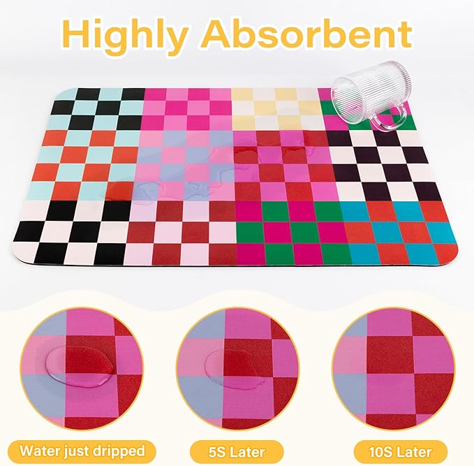 Checkered Dish Drying Mat (Colorful Chessboard, 24" x 16") for Kitchen Counter Coffee Mat Bar Accessories,Fit Uder Pot, Dish Rack,Hide Stain,Absorbent Easy Clean Colorful Dish Rack Pad