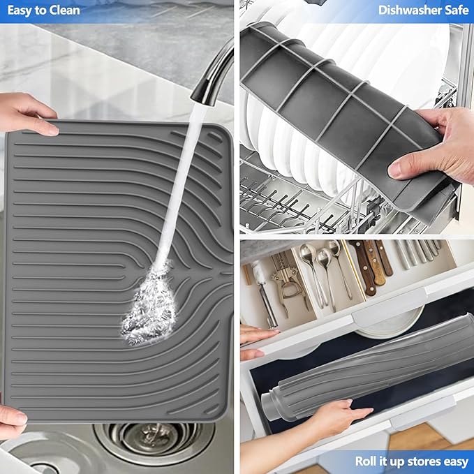 Silicone Dish Drying Mat for Kitchen Counter, 19.7" x 17.2" Large Drying Mat with Built-in Drain Lip, Heat Resistant Countertop Protector Pad, Fast Drying & Easy Clean, Grey