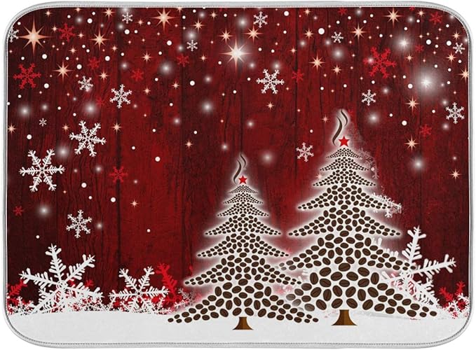 Christmas Tree Dish Drying Mat 16x18 inch Xmas New Year Snowflake Wooden Dish Drainer Kitchen Counter Mats Bottles Dish Dry Pad Protector for Kitchen Countertops