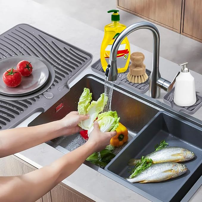 Silicone Dish Drying Mat, Stone Drying Mat for Kitchen Counter with Built-In Drain, Non-Slip Drain Pad with Built-in Drain, Heat Resistant Stone Drying Mat, Grey-1Set, 20" x 15"