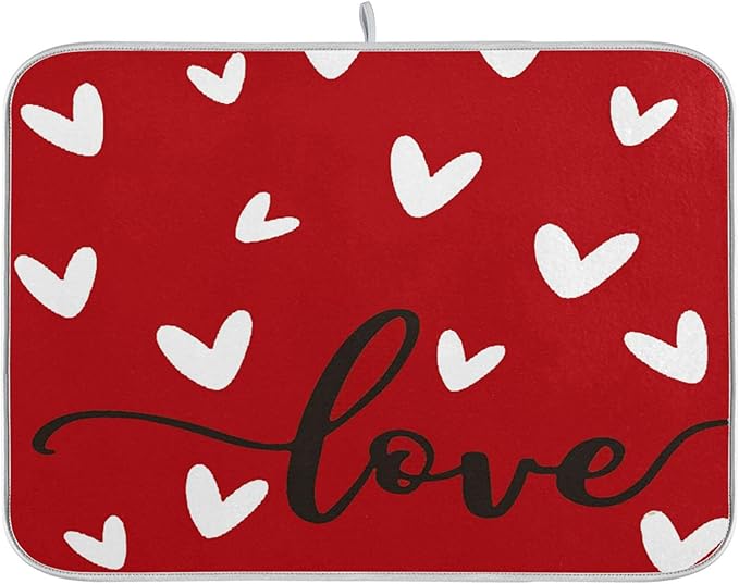 Happy Valentine's Day Dish Drying Mat for Kitchen Red White Love Heart Microfiber Drying Mats Absorbent Reversible Dish Pad Medium Dish Draining Mat 16x18 inch