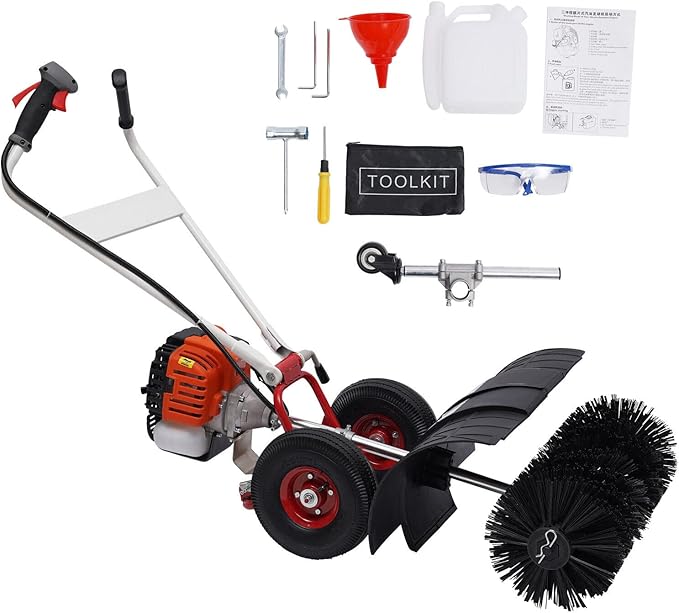 Artificial Grass Brush Sweeper 2-Stroke 52CC 2.5HP Gas Powered Walk Behind Sweeper Broom 23.6In Hand Push Snow Leaves Cleaning Sweeper for Artificial Turf, Lawn, Sidewalk, Driveway