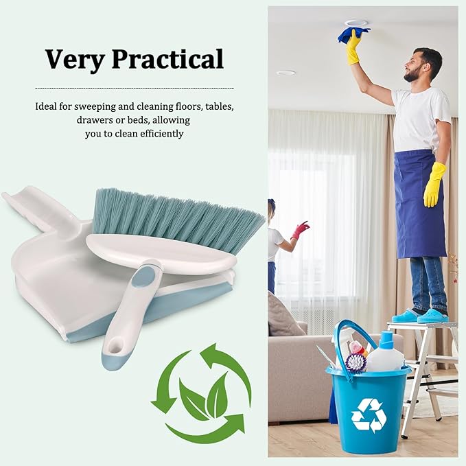 Hand Held Broom and Dustpan Set Mini Brush and Dustpan Set for Home Desktop Sofa Pet Household Care Camping (White+Blue M3)