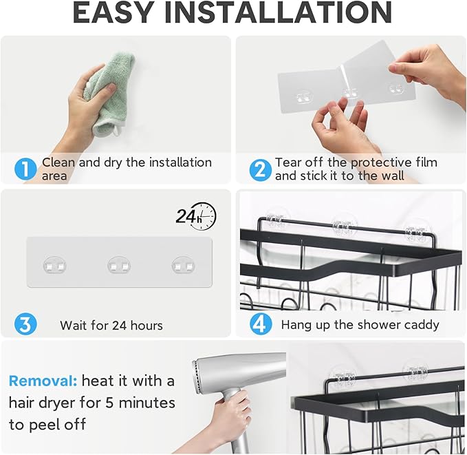 Lsnisni 3 Pack Shower Caddy Adhesive Replacement, Strong Adhesive Hooks for Shower Caddy, Waterproof Adhesive Strips, No Drilling, for Bathroom Storage Shelves and Kitchen Racks