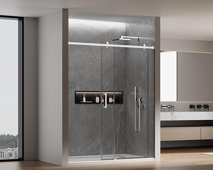 56-60 in. W x 74 in. H Frameless Sliding Shower Door, 5/16"(8mm) Clear Tempered Glass, Premium SUS304 Stainless Steel Hardware, Double Nano Coating, JVR-X02 (Bright Chrome)