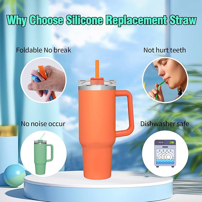 8 Pack Multicolor Silicone Stanley Straw Replacement 40 oz 30 oz,Reusable Long Straws with Cleaning Brush for Simple Modern Stanley Cup Accessories