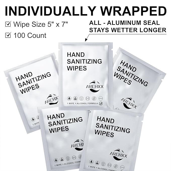 ARCHXX Cotton-Like Softness Hand Sanitizer Wipes, 200 Count, Antibacterial Hand Wipes Individually Wrapped, 70% Alcohol, Travel Size, Sanitizing for Home, Office & Outdoor, Aloe Vera Scent