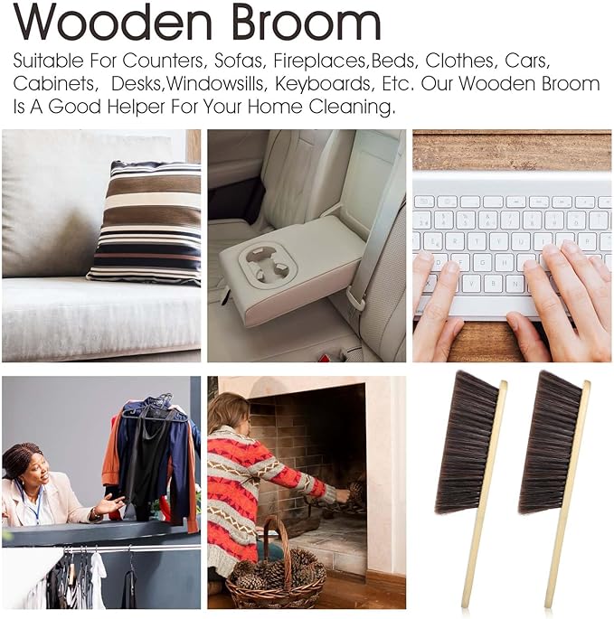 8 Pieces Hand Broom Brush, Natural Wooden Dust Brush Soft Bristles Dusting Cleaning Brush Long Handle Whisk Broom Brush Air Broom for Cleaning Car Bed Sofa Fireplace Clothes Bench Furniture