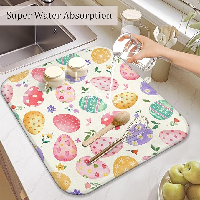 Easter Dish Drying Mat for Kitchen Counter,Happy Easter Cute Bunny Microfiber Drying Mat,Washable Absorbent Kitchen Countertop Dish Mat Drain Pad 16×18 Inch