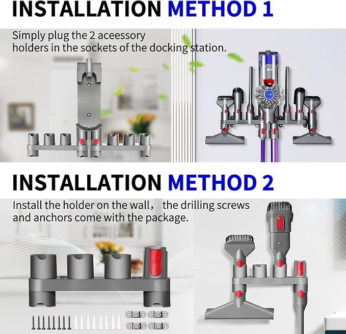 Premium Accessory Holders for Dyson Vacuum Cleaners - Wall Mount and Docking Station Organizer for Dyson V15 V7 V8 V10 V11 Model, with 10 Storage Adapters (2 Pack)