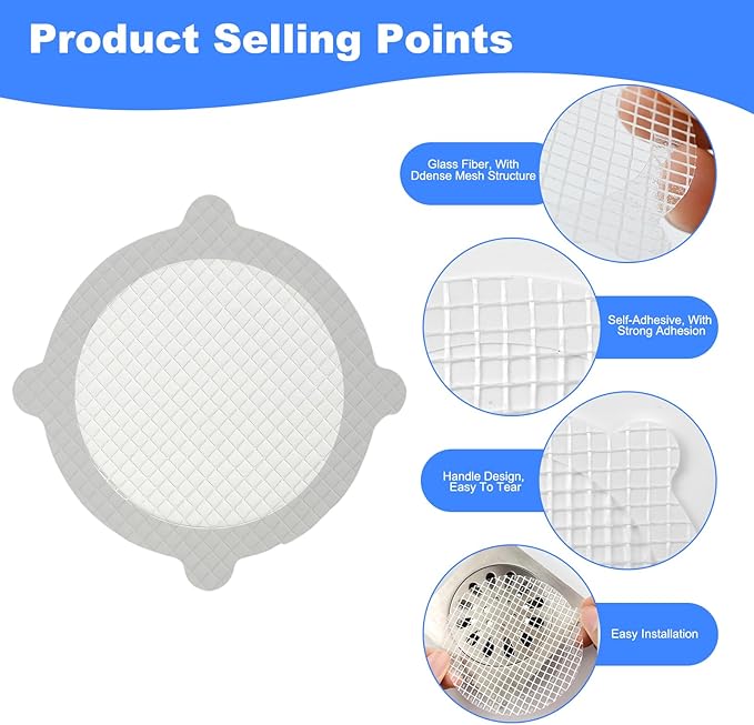 30 Pack Disposable Shower Drain Hair Catcher, Round 4-Ear Glass Fiber Stickers, 3.93In Mesh for Bathroom Tub Kitchen, Hair Trap Sticker to Prevent Clogs