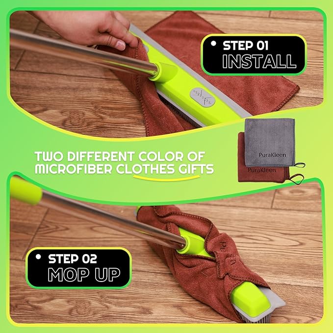 Carpet Rake for Pet Hair Removal with 61" Long Handle, 2 Microfiber Clothes, Squeegee & Pet Silicone Brush,4 in 1 Green Multi-Surface Hair Remover for Rugs,Carpets,Floors, Tiles, Couches