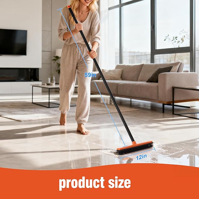 Rubber Broom for Pet Hair on Carpet & Stairs, Adjustable Long Handle Rubber Broom & Squeegee, Pet Hair Remover Tool for Hardwood Tile Floors, Dog Cat Hair Broom