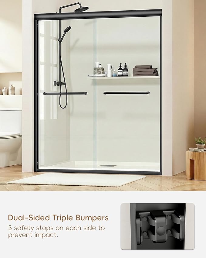 Shower Door 56-60'' W x 72'' H Semi-Frameless & Double Sliding, 1/4 inch (6mm) Thickness Clear Tempered Glass for Walk-in Shower, Matte Black