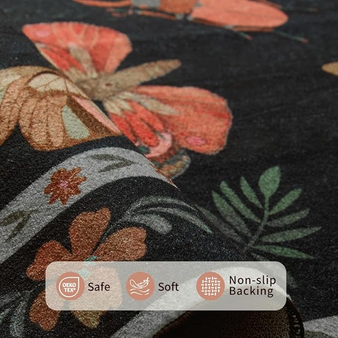 2x6 Floral Runner Rug, Washable Runners for Hallways, Black Vintage Boho Kitchen Rugs, Non Slip Hallway Runner Carpet for Indoor Hallway, Kitchen, Laundry Room and Bathroom(Black 2x6ft)