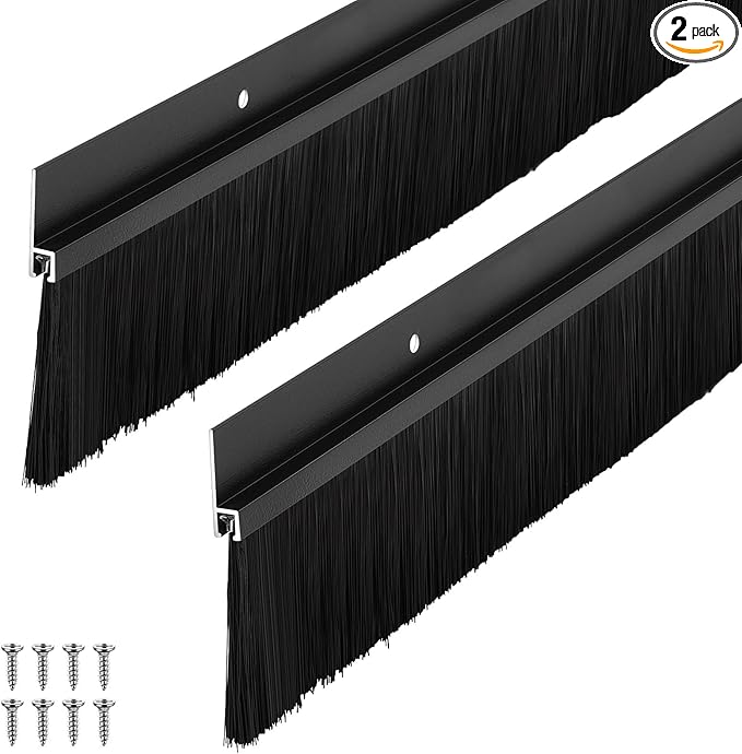 Frienda 2 Set Door Brush Bottom Sweep Brush Weather Stripping Aluminum Door Seal with Screws for Gaps up to 1 Inch, for Home, Commercial Gate, Fill Gaps Dust, Debris (1.5 x 36 Inch,Black)