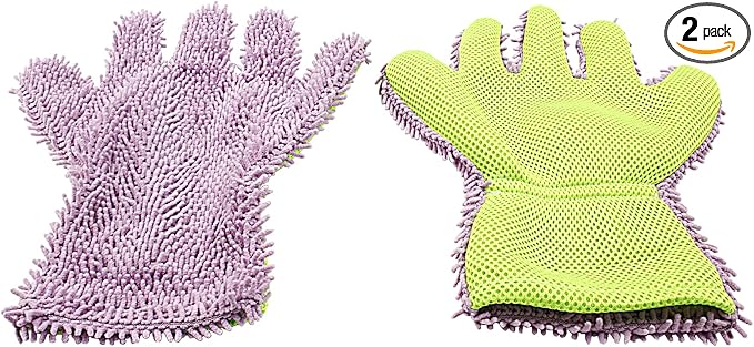 BokWin 2-Pack Car Wash Mitt Scratch Free, 5-Finger Microfiber Wash Mitts, Car Interior Exterior Cleaning Gloves, Auto Chenille Washing Sponge Kits for Cleaning Wheel Tight Spot(Purple)