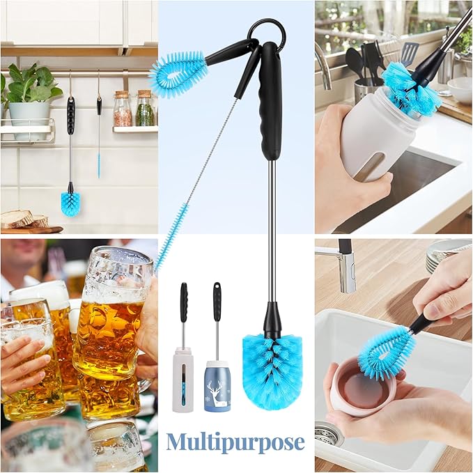 3-in-1 Stainless Steel Bottle Cleaning Brush Set - Long Handle for Narrow Neck, Sport, Baby, Flask, Straw, Tumbler, Cup