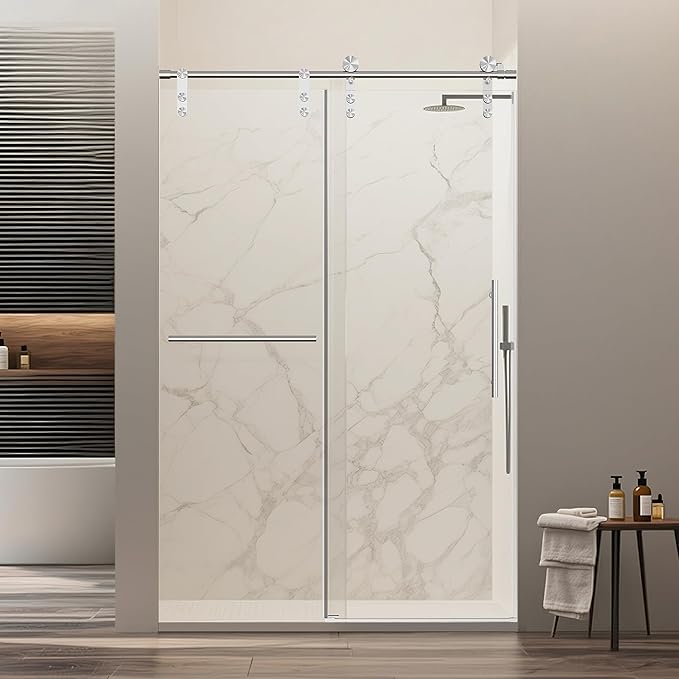 46-48" W x 76" H Frameless Sliding Shower Door, Safety Bathroom Single Sliding Glass Doors with 5/16" (8mm) SGCC Tempered Glass, Stainless Steel Towel Rail and Auxiliary Handle, Brushed Nickel