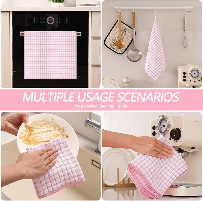 Homaxy Kitchen Towels and Dishcloths Set, 16 x 25 and 12 x 12 Inches, Set of 8 Cotton Terry Kitchen Dish Towels, Super Soft and Absorbent Dish Cloths, Pink