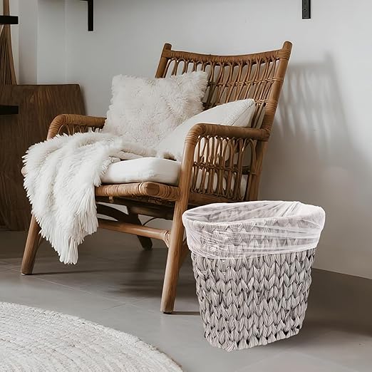 Wicker Trash Can,Waterproof Bathroom Waste Basket,Plastic Wicker Woven Waste Basket with Built-in Handles, 19 Liters/5 Gallons,Decorative Boho Rubbish Bin for Bedroom, Office, Kitchen, Laundry (gray)