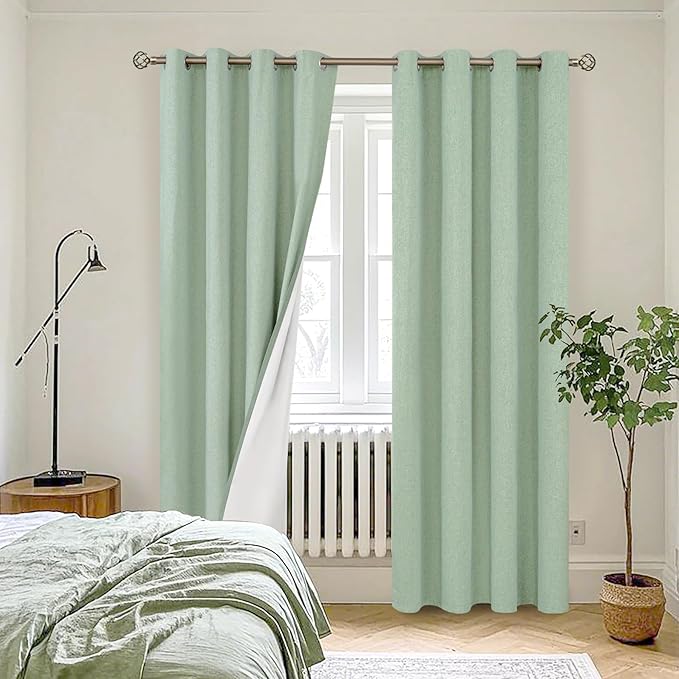 YoungsTex Light Green Linen 100% Blackout Curtains for Bedroom 80 Inch Length, Full Room Darkening Thermal Insulated Drapes with Grommet Spring Decor for Living Room Dining, 2 Panels, 52 X 80 Inch