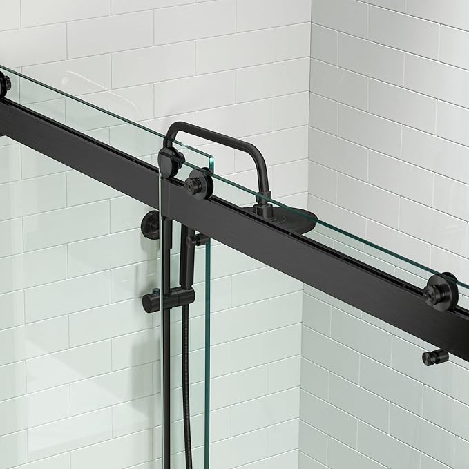 WOODBRIDGE Frameless Shower Doors 56-60" Width x 76" Height with 5/16"(8mm) Clear Tempered Glass, 2 Ways Opening & Double Sliding in Matte Black Finish