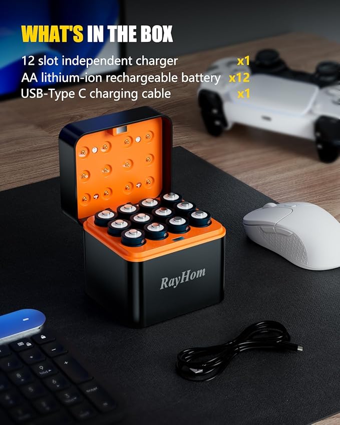 12-Pack Rechargeable Lithium aa Batteries with Charger, 1.5V Constant Output, 3400mWh High Capacity, 12-Slot Double A Li-ion Charger with Smart Charging, Multiple Charging Protections